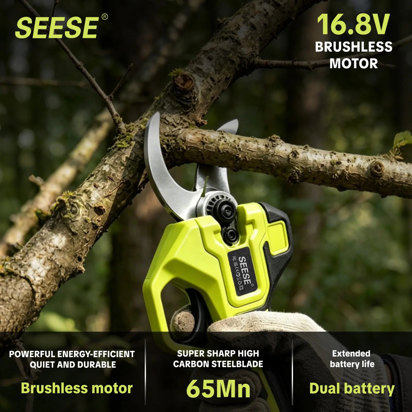 SEESE Electric Pruning Shears for Gardening: 1.25" Cutting Cordless Power Pruner, Brushless Motor, Dual21V Battery for Tree & Flowertrimming