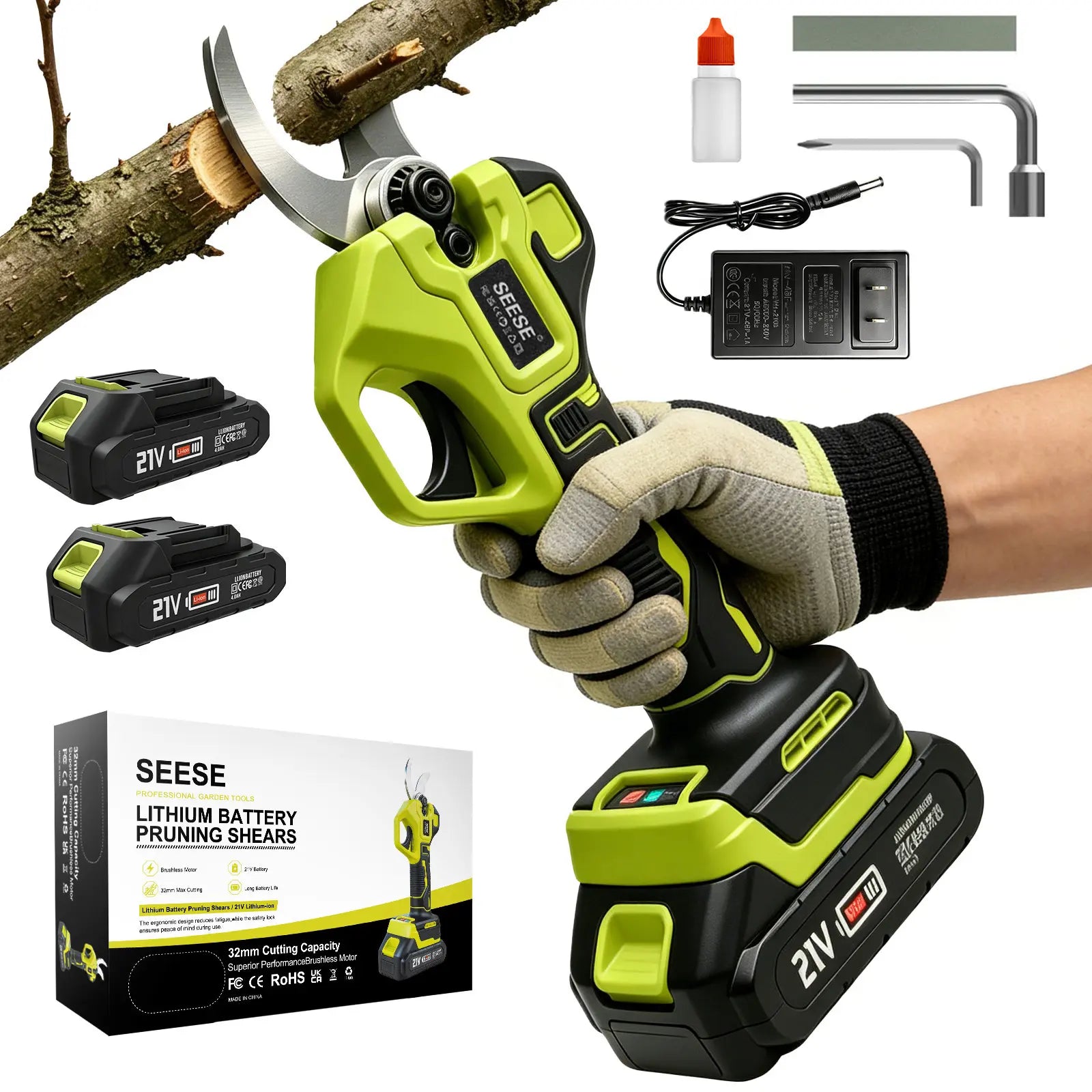 SEESE Electric Pruning Shears for Gardening: 1.25" Cutting Cordless Power Pruner, Brushless Motor, Dual21V Battery for Tree & Flowertrimming