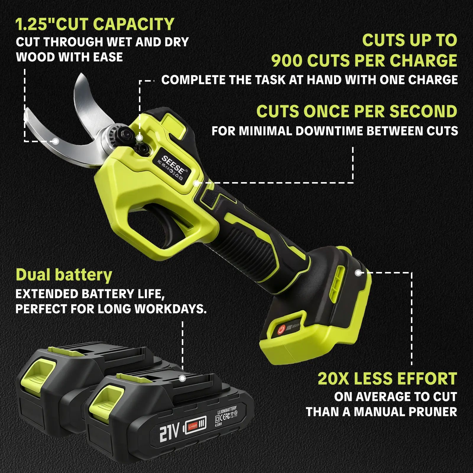 SEESE Electric Pruning Shears for Gardening: 1.25" Cutting Cordless Power Pruner, Brushless Motor, Dual21V Battery for Tree & Flowertrimming