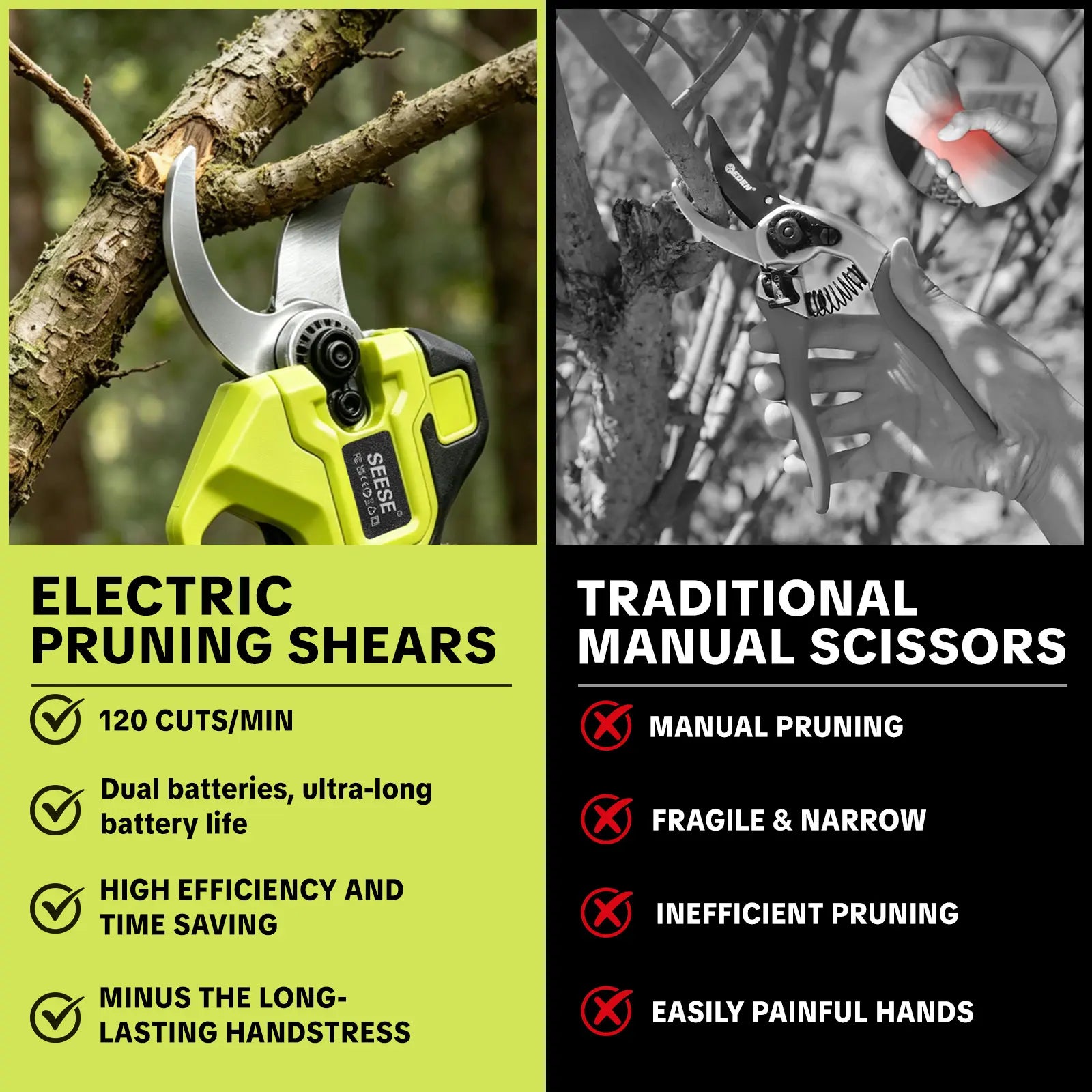 SEESE Electric Pruning Shears for Gardening: 1.25" Cutting Cordless Power Pruner, Brushless Motor, Dual21V Battery for Tree & Flowertrimming