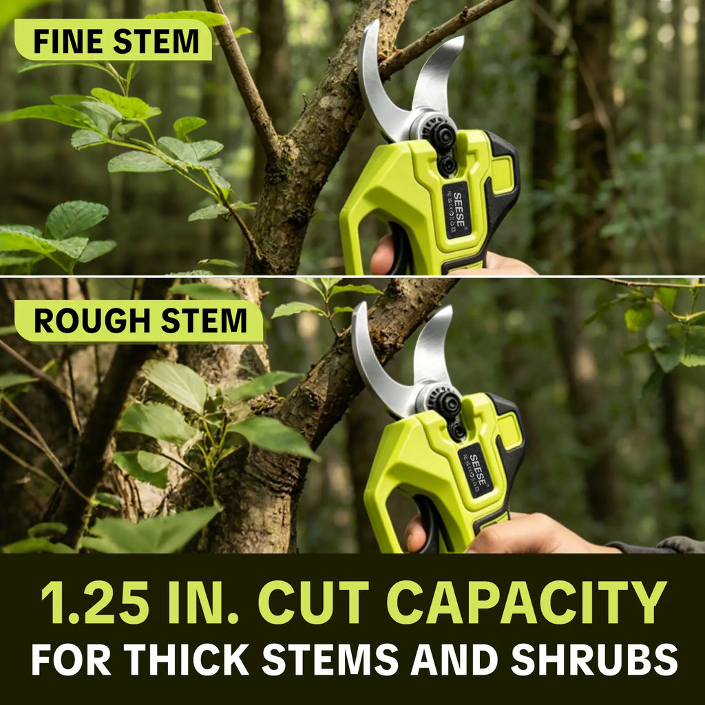 SEESE Electric Pruning Shears for Gardening: 1.25" Cutting Cordless Power Pruner, Brushless Motor, Dual21V Battery for Tree & Flowertrimming